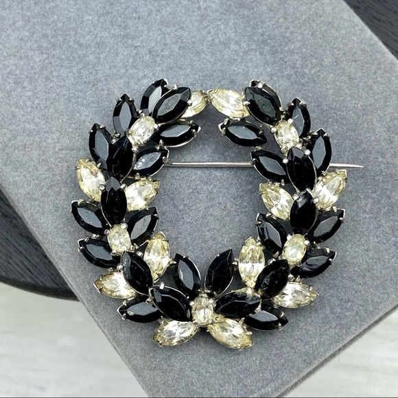 Jewelry - VINTAGE Kramer of New York Black Clear Rhinestone Wreath Pin Mourning Brooch